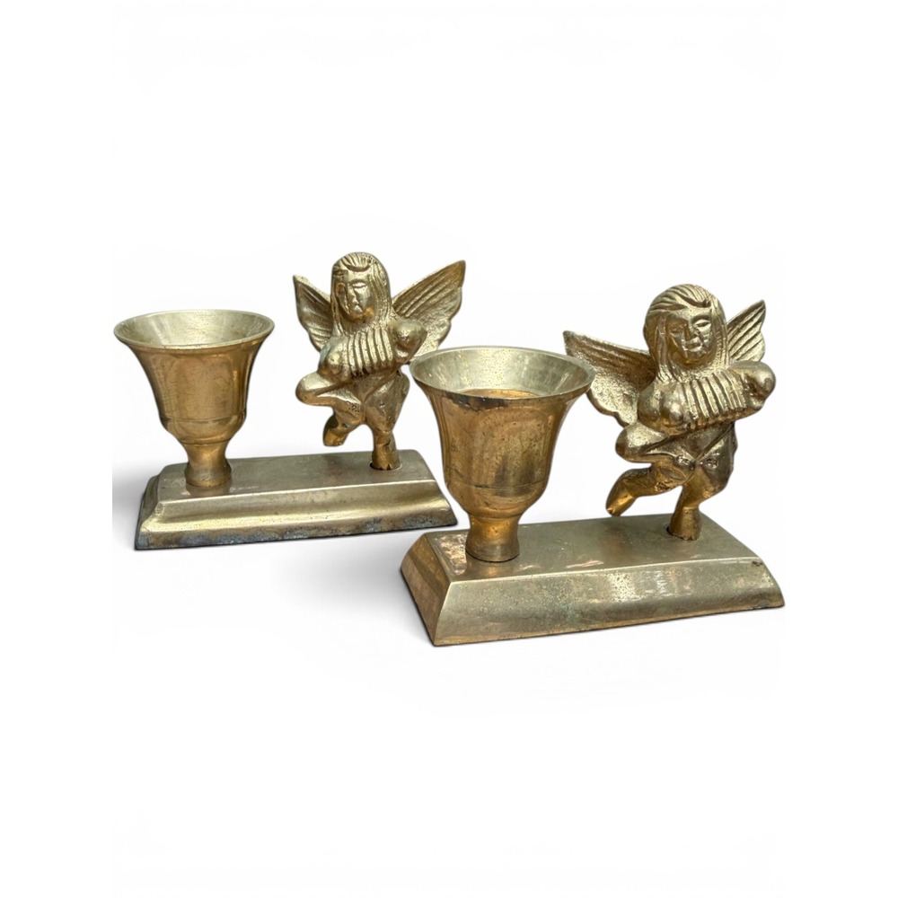 Angel Candle Holder Pair Vintage Brass Cherub Accordion Gold Christmas Decor Set